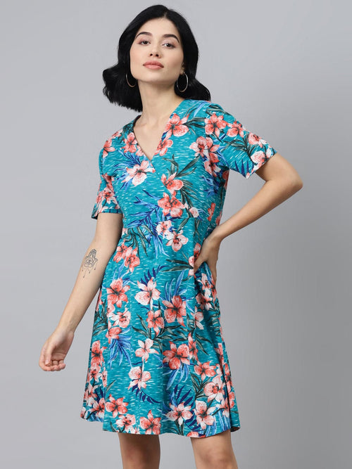 Blue Floral Wrap Skater Jersey Dress