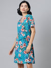 Blue Floral Wrap Skater Jersey Dress