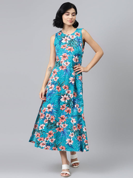 Blue Floral Sleeveless Jersey Maxi Dress