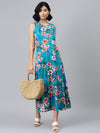 Blue Floral Sleeveless Jersey Maxi Dress