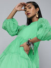 Green Organza Drop Shoulder Tiered Dress