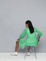 Green Organza Drop Shoulder Tiered Dress