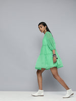 Green Organza Drop Shoulder Tiered Dress