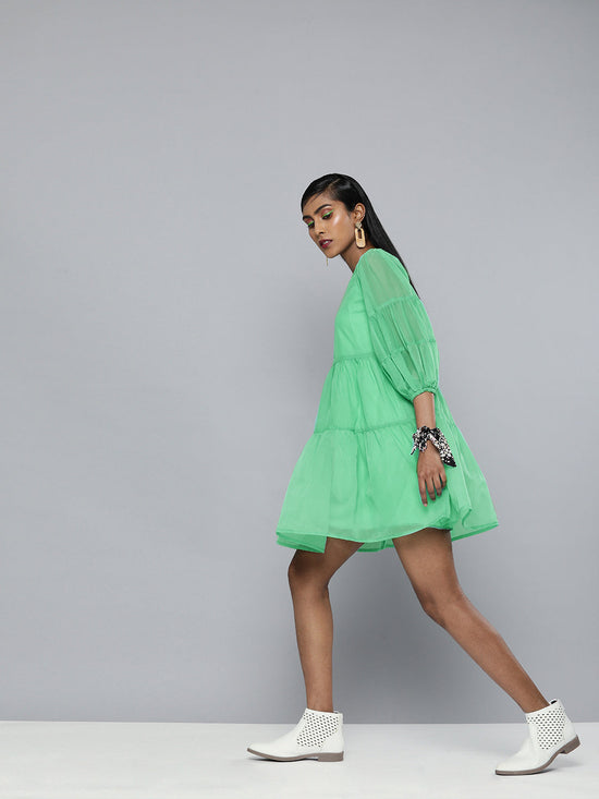 Green Organza Drop Shoulder Tiered Dress