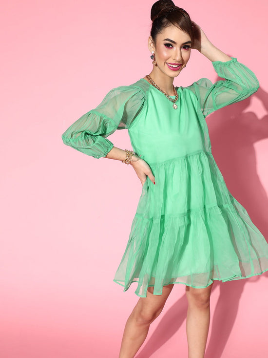 Women Green Organza Drop Shoulder Tiered Dress