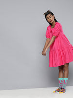 Fuchsia Embroidered Collar Tiered Dress