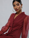 Burgundy Organza-Sleeves Blazer Mini Dress