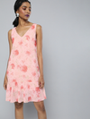 Pink Floral V-Neck Pleated Hem Dress