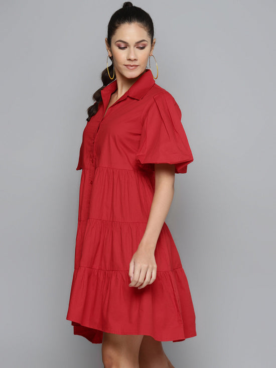 Red Tiered Shirt Dress