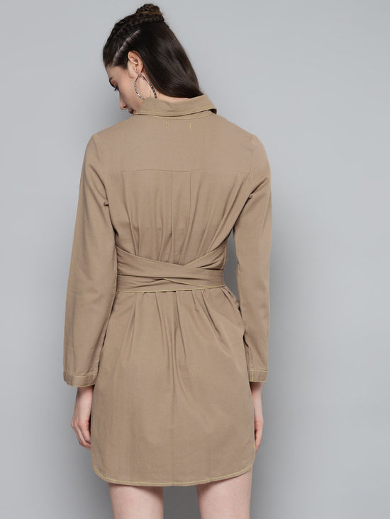 Beige Belted Shirt Dress