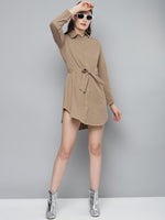 Beige Belted Shirt Dress