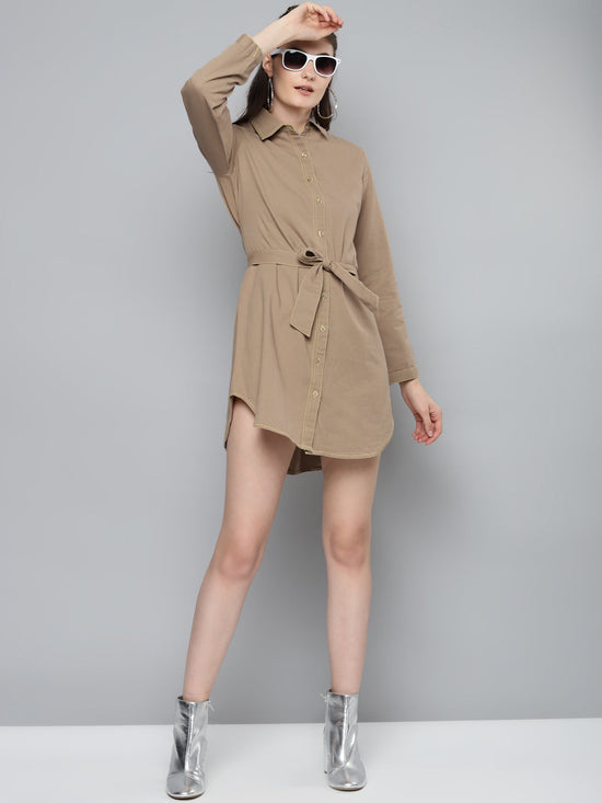 Beige Belted Shirt Dress