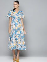 Blue & Yellow Floral Wrap Frill Hem Maxi