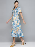 Blue & Yellow Floral Wrap Frill Hem Maxi