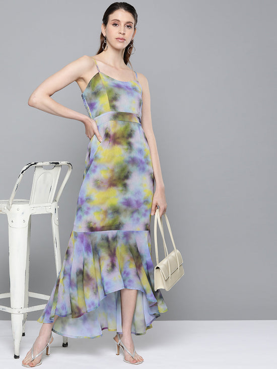 Yellow & Purple Tie-Dye Print Strappy Maxi