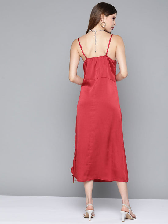 Maroon Satin Side Rouching Slip Dress