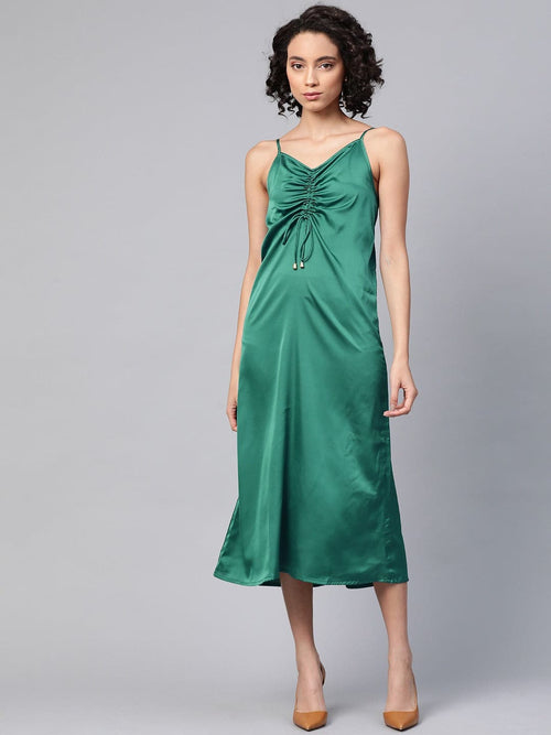 Green Front Rouched Slip Dress