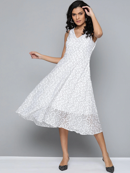 White Lace V-Neck Midi Dress