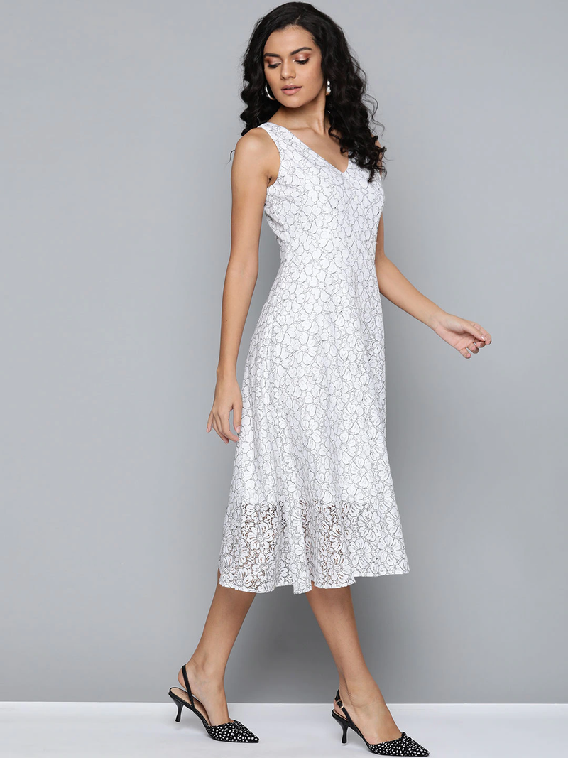 White Lace V-Neck Midi Dress
