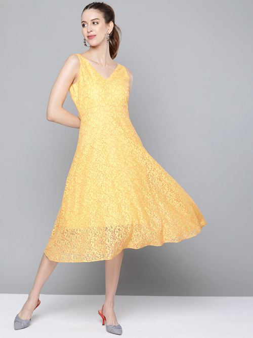 Yellow Lace V-Neck Midi Dress