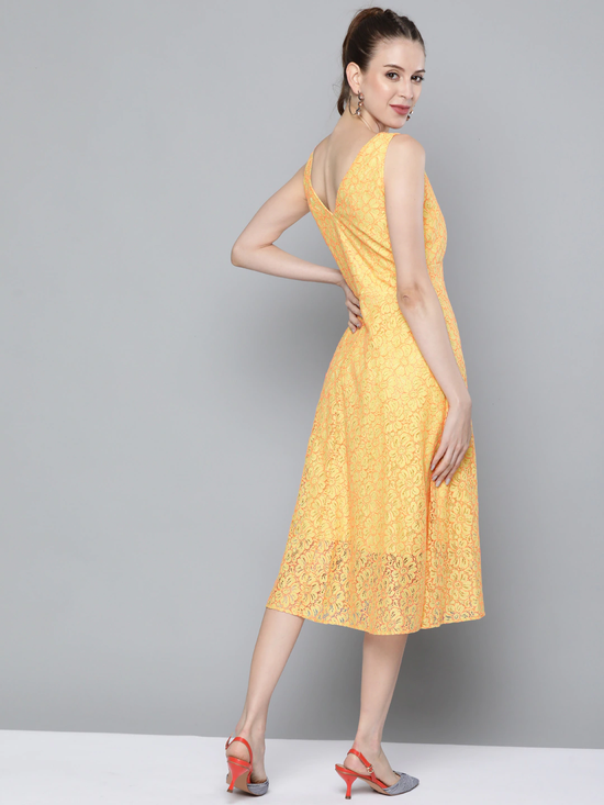 Yellow Lace V-Neck Midi Dress