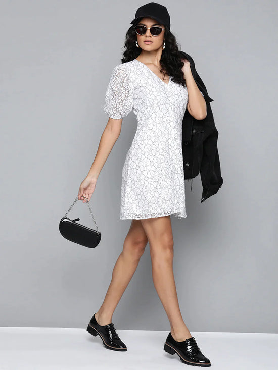 White Lace Puff Sleeve Shirt Dress