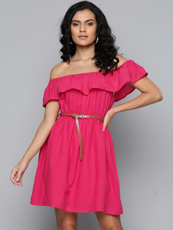 Fuchsia Bardot Schiffli Belted Dress