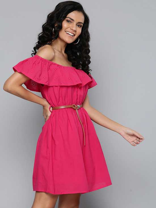 Fuchsia Bardot Schiffli Belted Dress