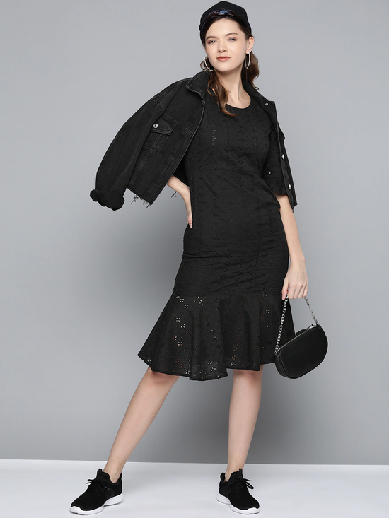 Black Schiffli Frill Hem Midi Dress