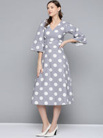 Grey & White Polka V-Neck Midi Dress