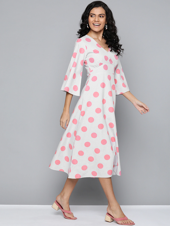 Pink & Grey Polka V-Neck Midi Dress