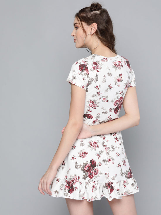 Maroon Floral Frill Hem Skater Dress