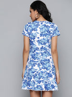 Blue Floral Frill Hem Skater Dress