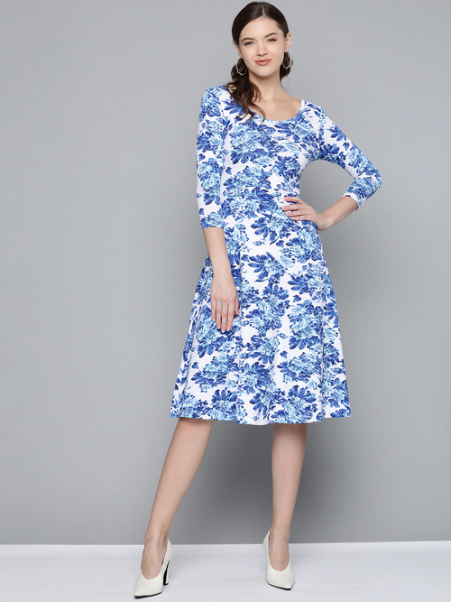 Blue Floral Skater Midi Dress