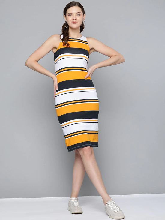 Mustard & White Stripes Back Slit Bodycon