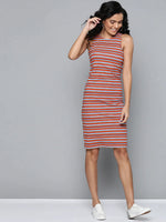 Rust & Blue Stripes Back Slit Bodycon