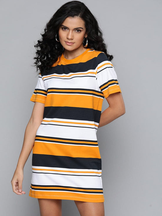 Mustard & White Stripes Sheath Dress