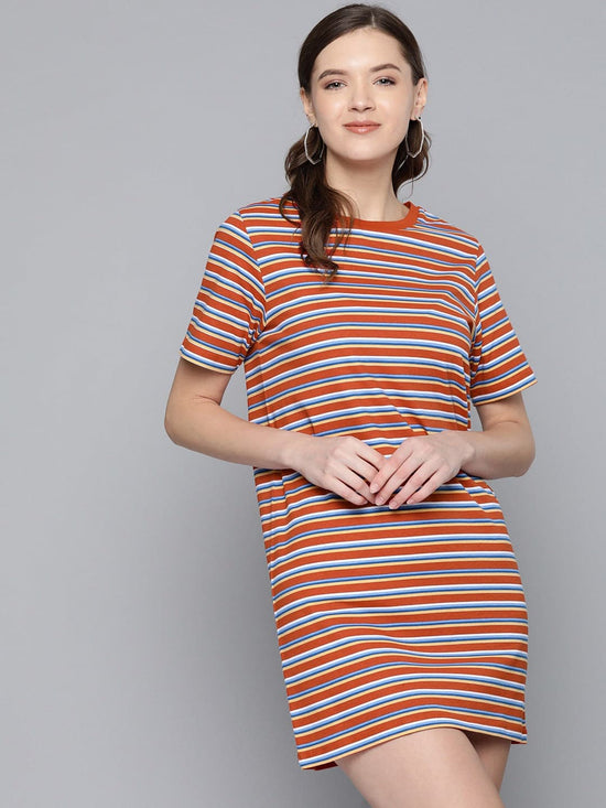 Rust & Blue Stripes Sheath Dress