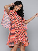 Orange Geo Print Cape Flared Dress