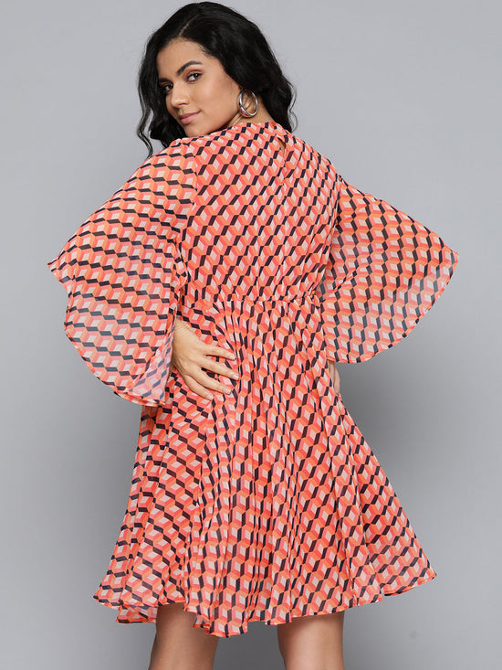 Orange Geo Print Cape Flared Dress