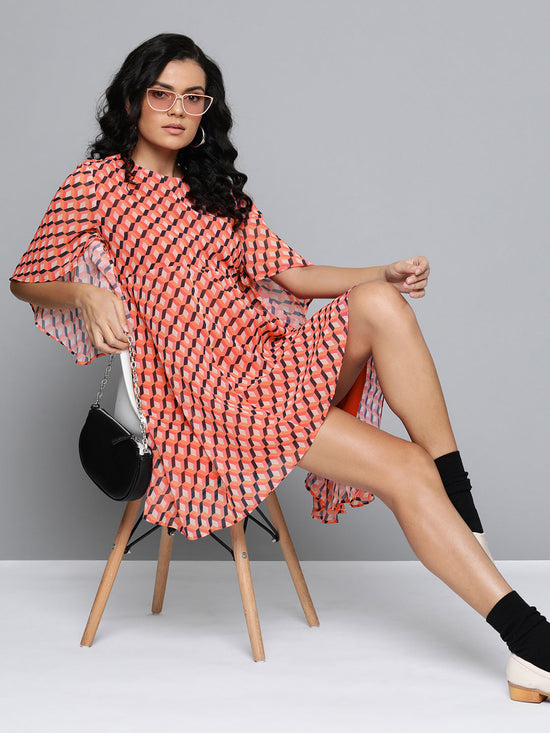 Orange Geo Print Cape Flared Dress