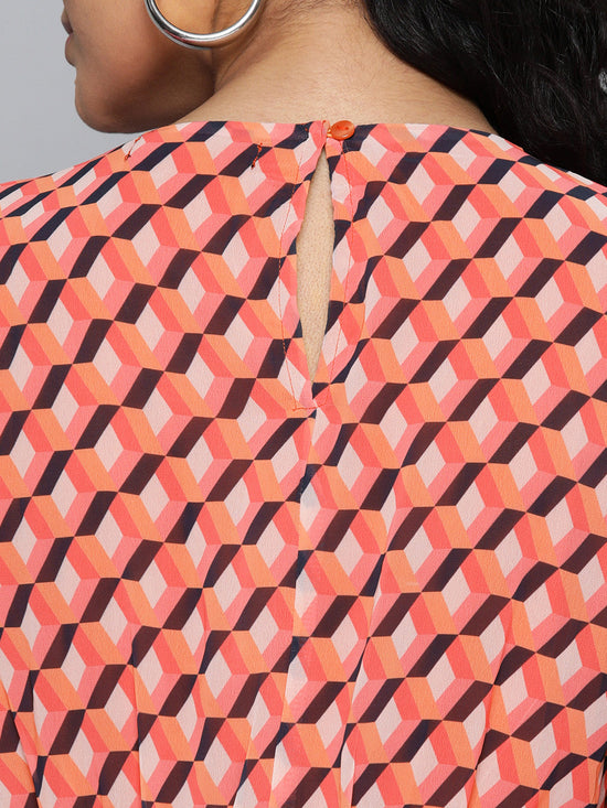 Orange Geo Print Cape Flared Dress