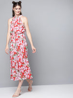 Red Floral Halter Neck Midi Dress