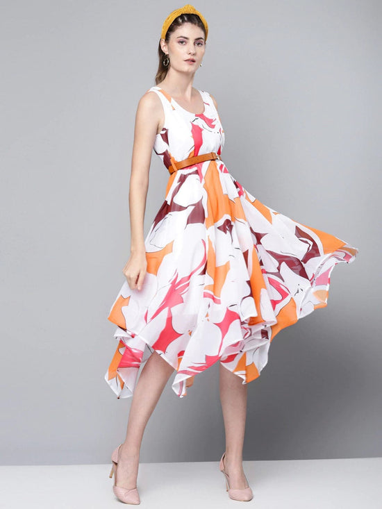 Orange Floral Asymmetric Belted Midi Dress