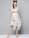 White Floral Asymmetric Belted Midi Dress