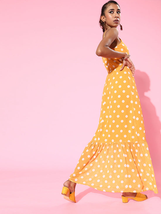 Mustard Polka Strappy Sweetheart Neck Maxi Dress