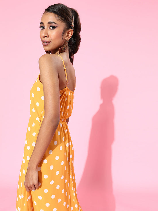 Mustard Polka Strappy Sweetheart Neck Maxi Dress