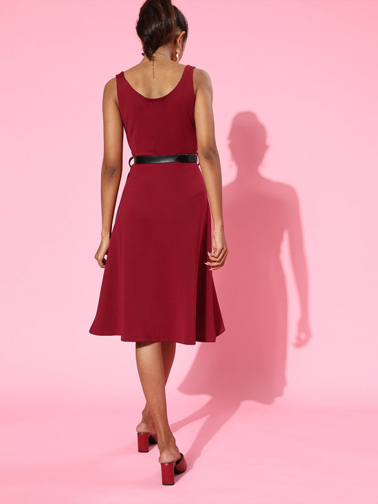 Maroon Scuba Sweetheart Midi Belted Dress