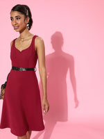 Maroon Scuba Sweetheart Midi Belted Dress