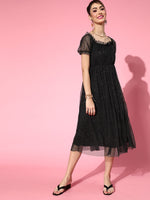 Women Black Mesh Lurex Bardot Midi Dress